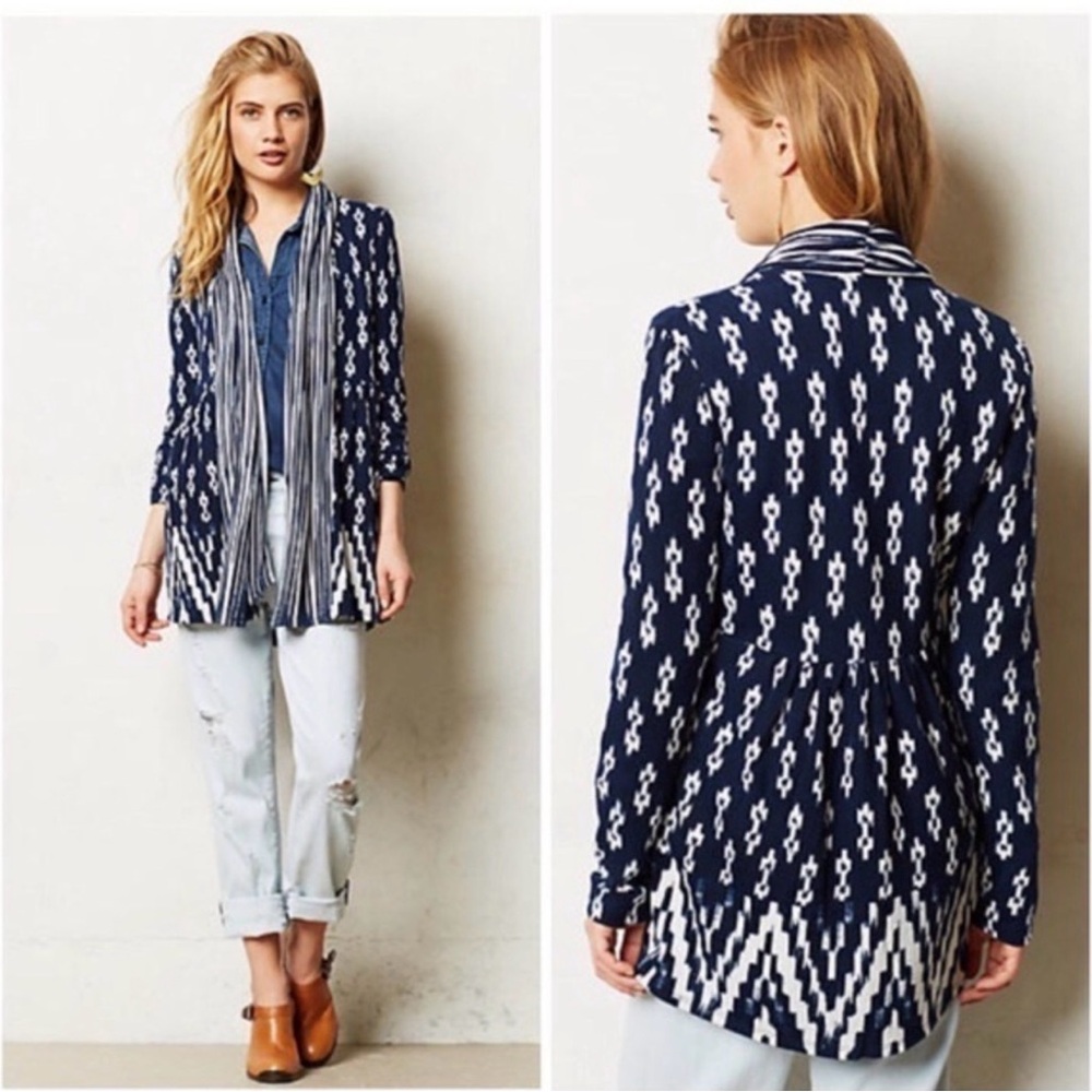 Anthropologie One September Martingale‎ Cardigan Ikat Navy Blue White XS